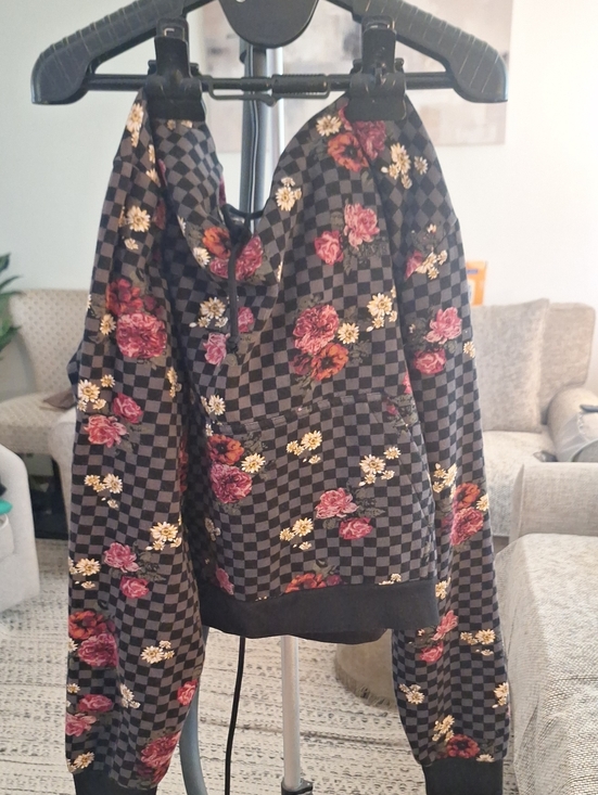 Vans Sweaters - Vans Black Checkerboard Hoodie with Burgundy & Gold Floral Accents
